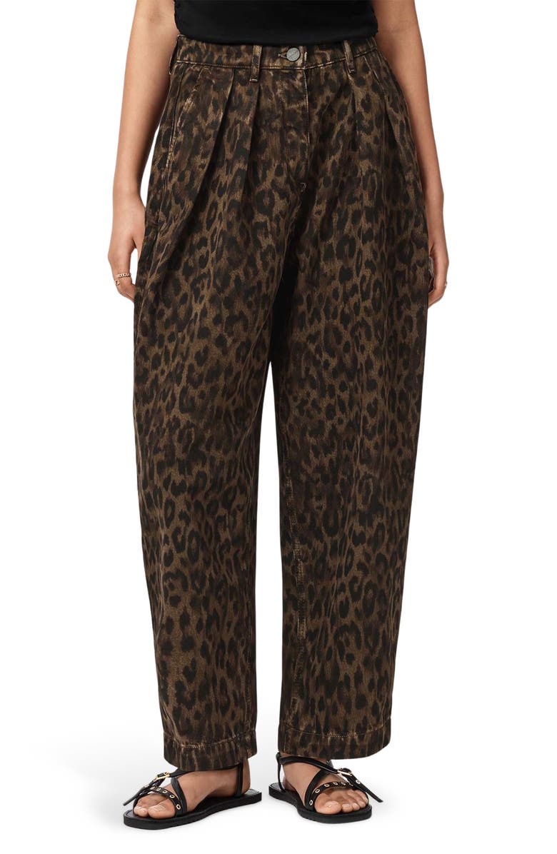 AllSaints Becca Pleated Cotton Blend Trousers, Main, color, Leppo Brown
