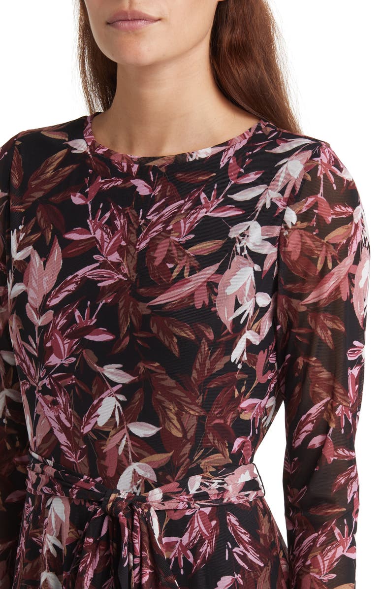 Anne Klein Leaf Print Long Sleeve Mesh Midi Dress, Alternate, color, 
