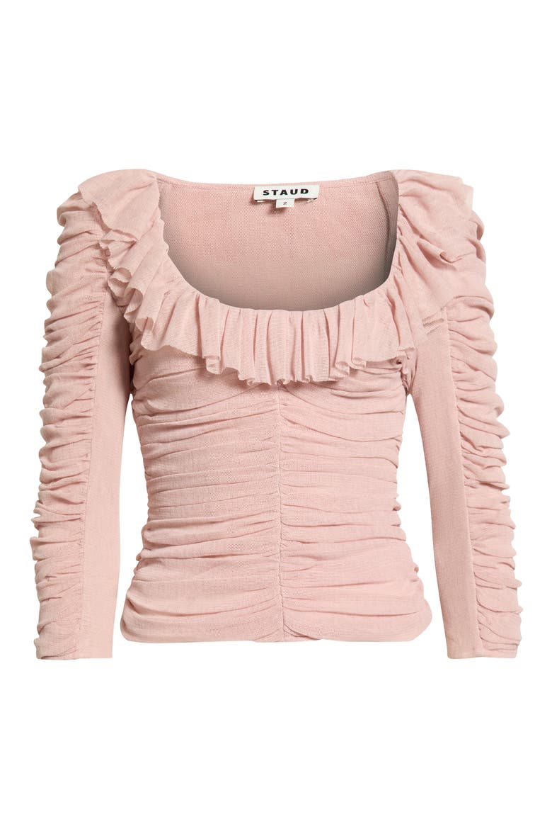 Gretta Ruched Ruffle Top, Main, color, SANDROSE