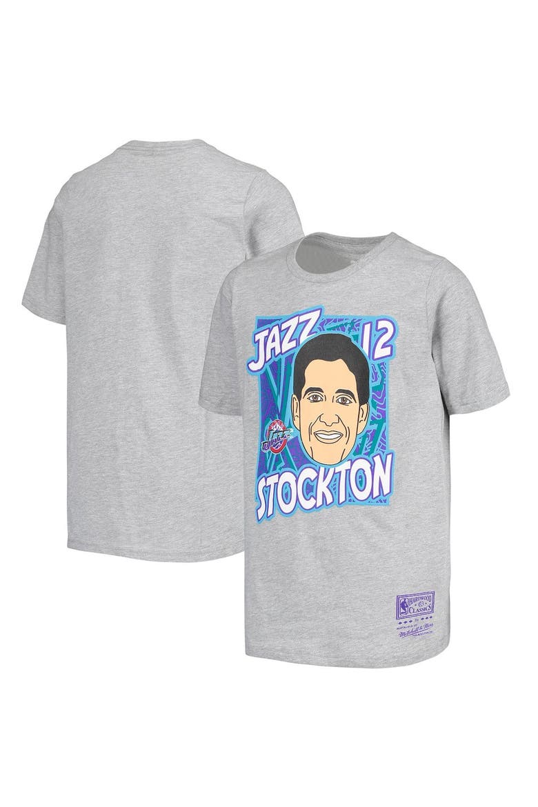 Youth Mitchell & Ness John Stockton Gray Utah Jazz Hardwood Classics King of the Court Player T-Shirt, Main, color, Gray