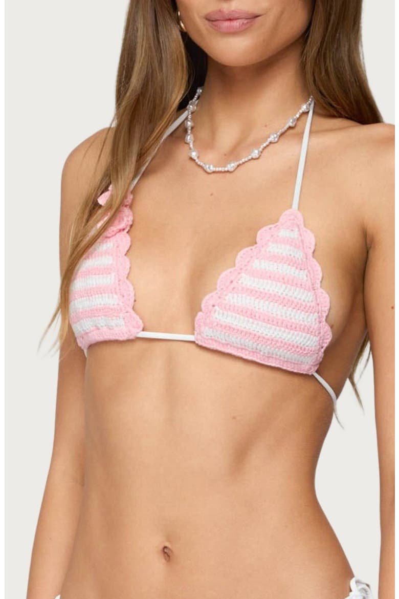Azalea Crochet Triangle Bikini Top, Alternate, color, PINK-AND-WHITE