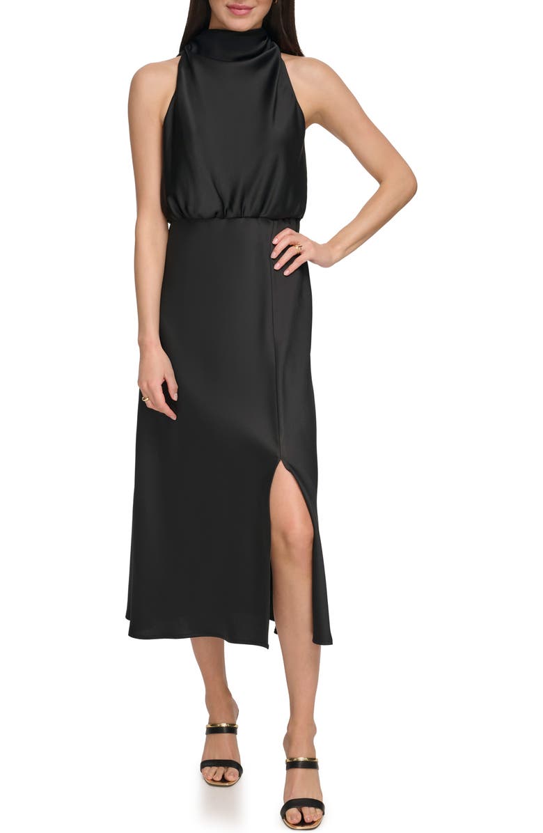 DKNY Mock Neck Satin Midi Dress, Main, color, 