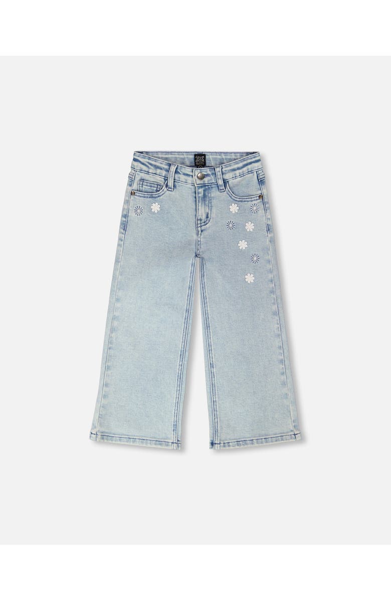 Deux par Deux Wide Leg Embroidery Denim Jeans, Main, color, Light Blue Denim