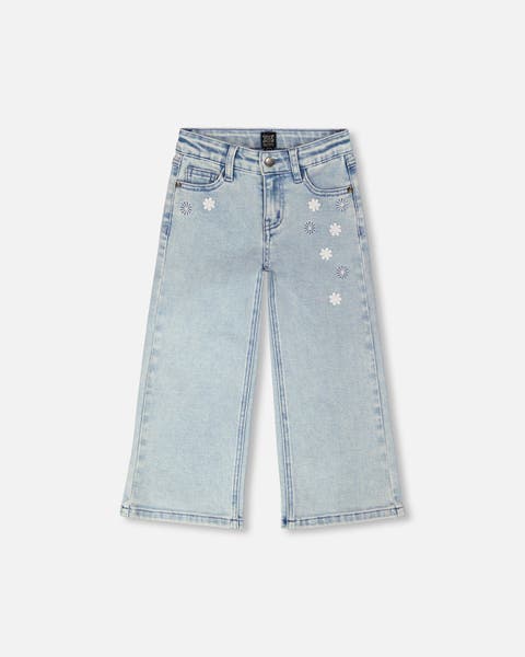 Wide Leg Embroidery Denim Jeans (Toddler, Little Kid & Big Kid)