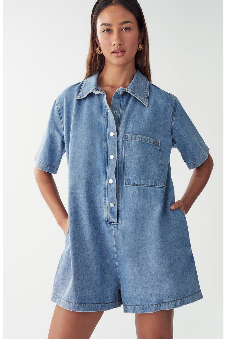 Denim Romper, Alternate, color, Light Blue Wash