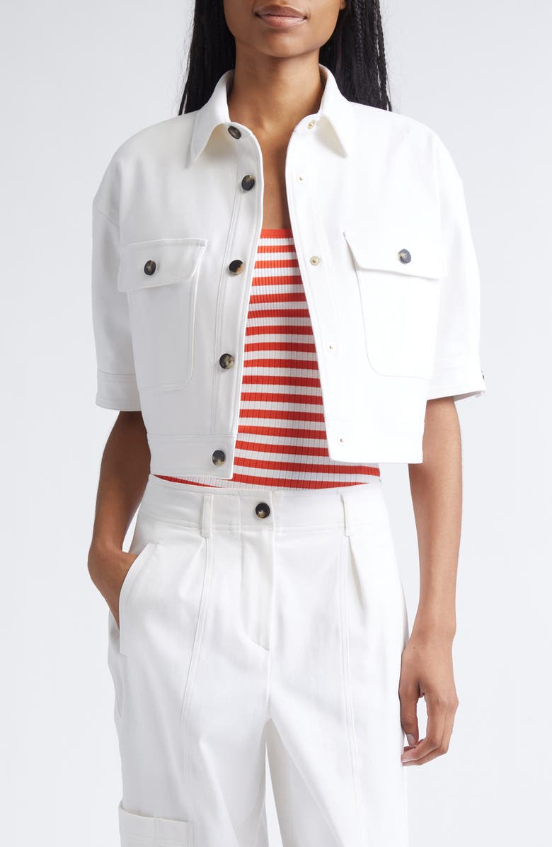 Max Mara Ottano Crop Short Sleeve Cotton Stretch Twill Jacket, Main, color, Optical White