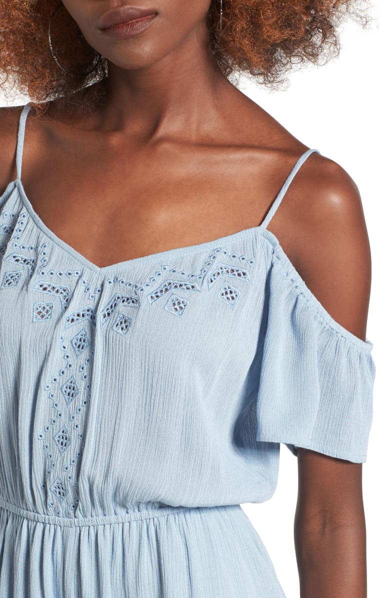 All in Favor Embroidered Cold Shoulder Romper, Alternate, color, 