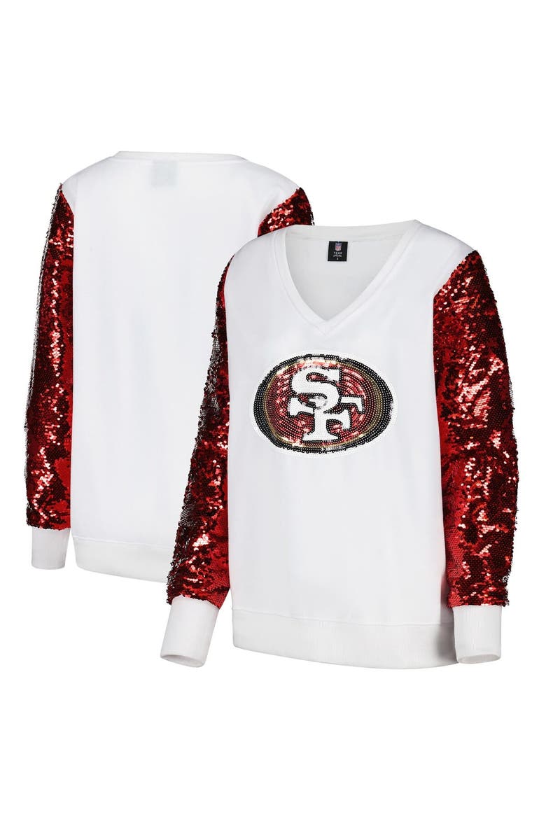 Women's Cuce White San Francisco 49ers Sequin Sleeve V-Neck Pullover Sweatshirt, Main, color, White