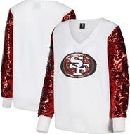CUCE Women's Cuce White San Francisco 49ers Sequin Sleeve V-Neck Pullover Sweatshirt