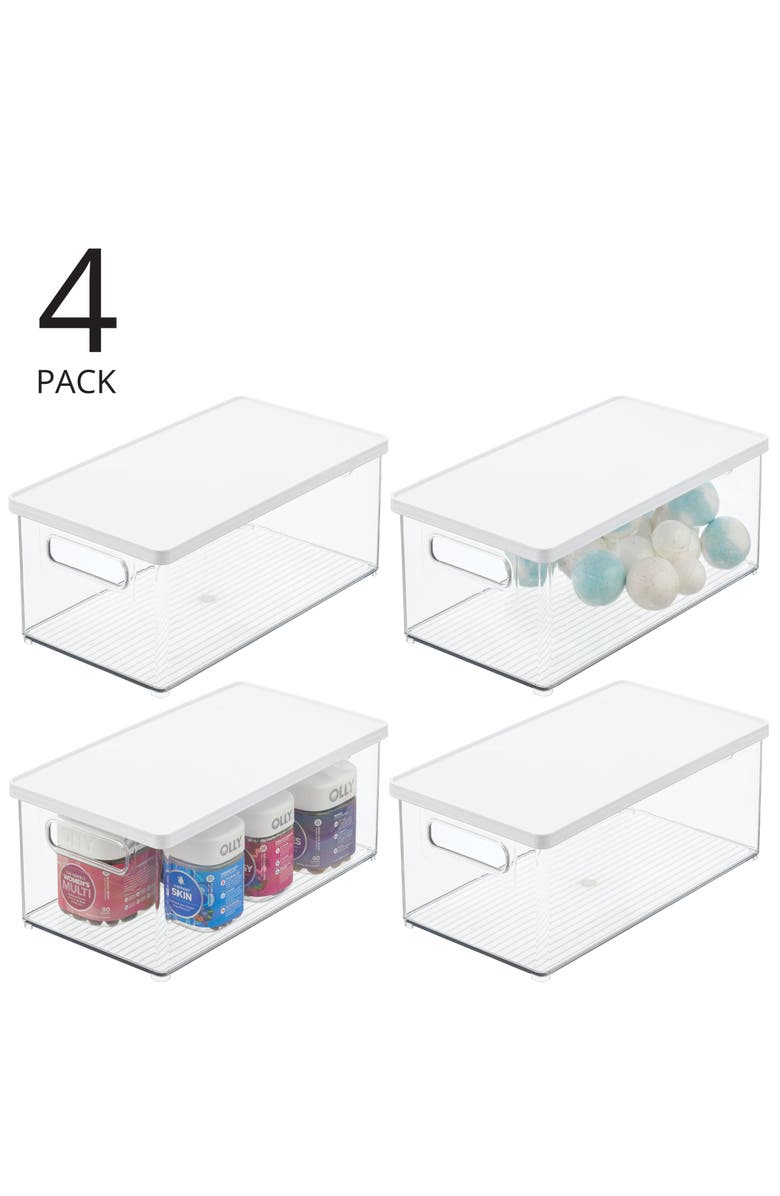 mDesign Plastic Storage Bin Box Container, Lid and Handles, 4 Pack, Clear/White, Alternate, color, White