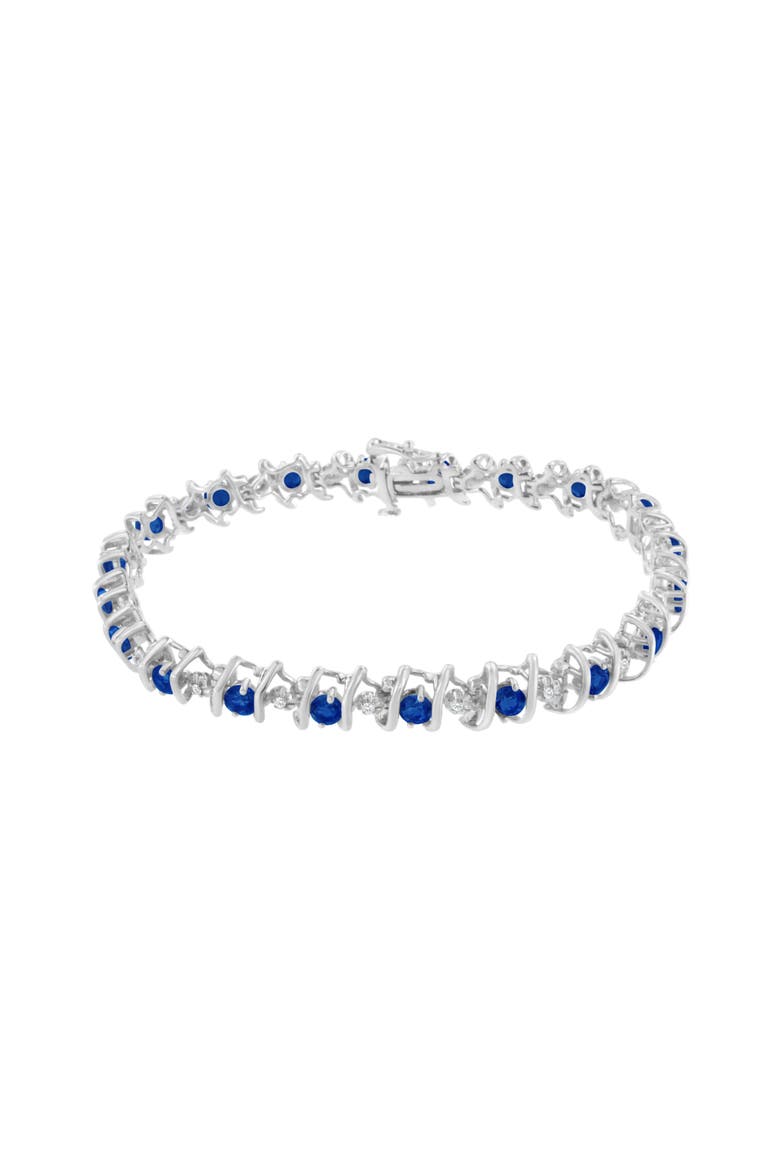 .925 Sterling Silver Lab-Grown Birthstone and 1/6 Cttw Diamond Tennis Bracelet, Alternate, color, Blue Sapphire