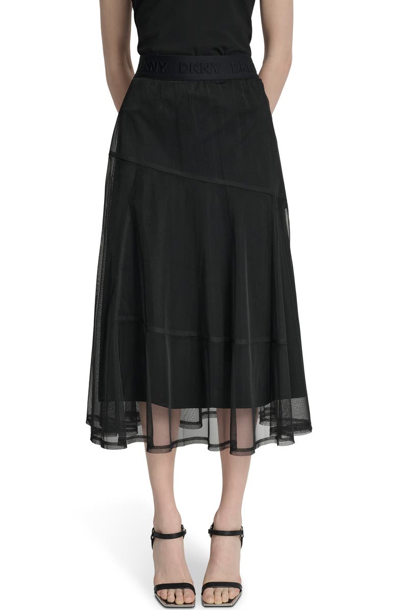 DKNY Layered Mesh Midi Skirt, Main, color, Black