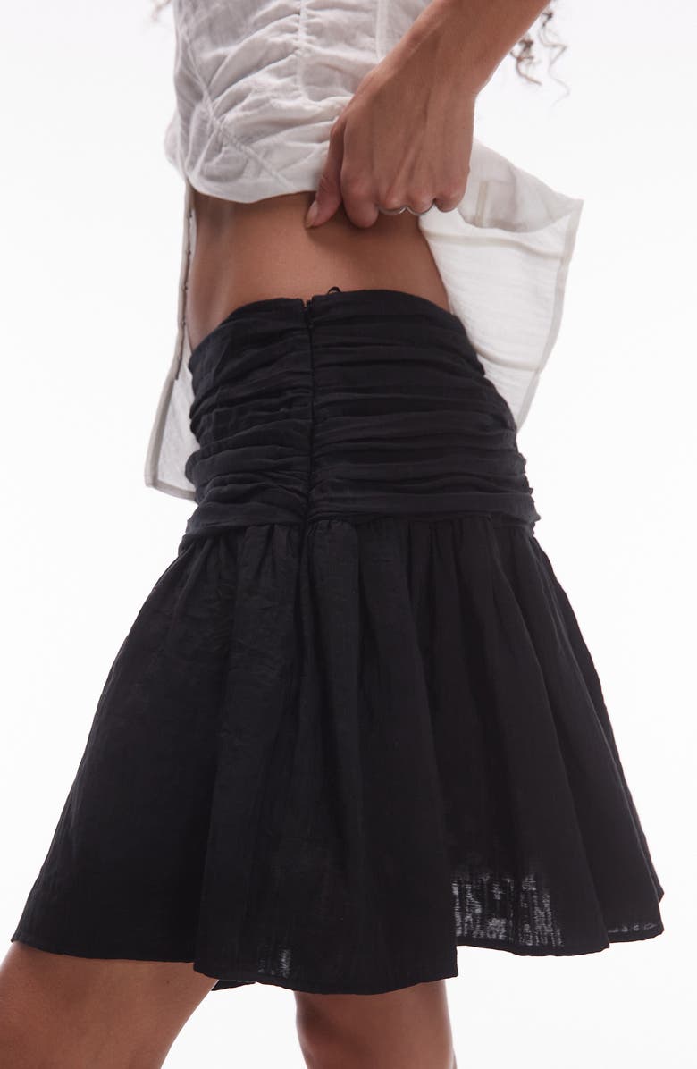 Topshop Ruched Drop Waist Cotton Miniskirt, Alternate, color, Black
