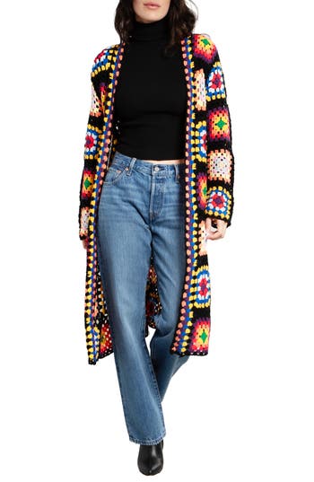 Saachi Granny Square Crochet Longline Cardigan In Black/natural Multi