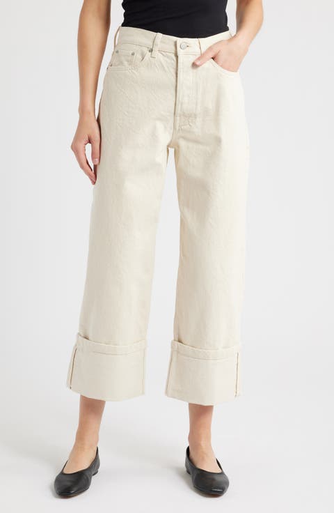 High Waist Cuffed Straight Leg Jeans (Beige Dusty Light)