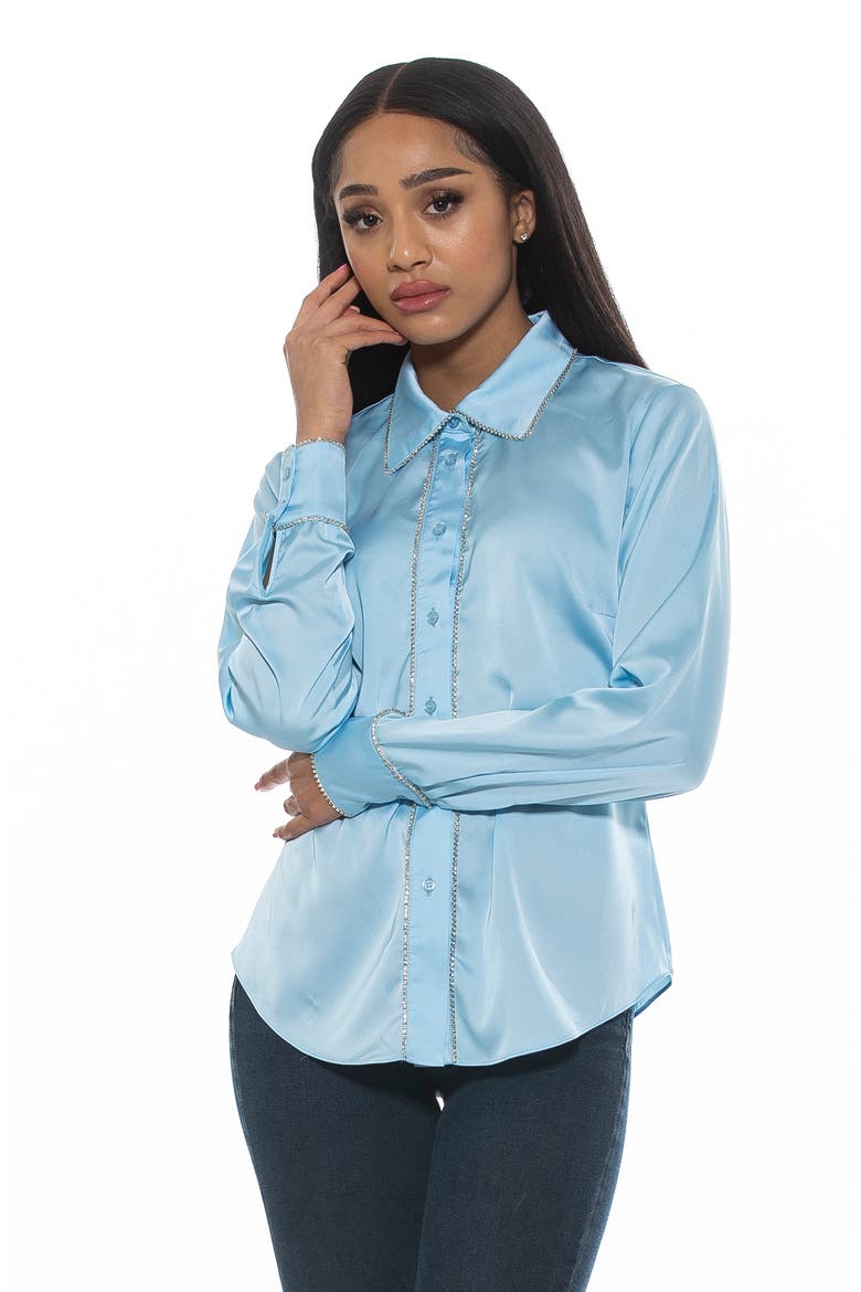 Rachel Rhinestone Trim Satin Button-Up Blouse, Alternate, color, HALOGEN BLUE