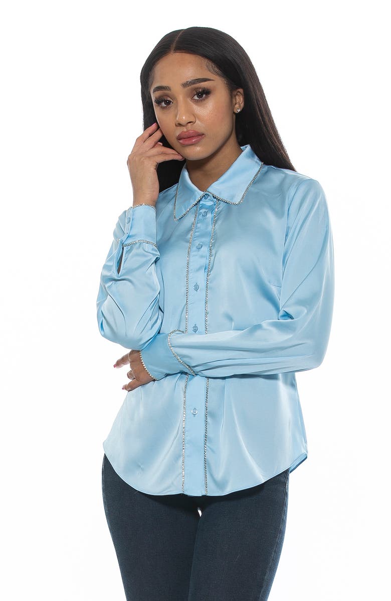Alexia Admor Rachel Rhinestone Trim Satin Button-Up Blouse, Alternate, color, Halogen Blue