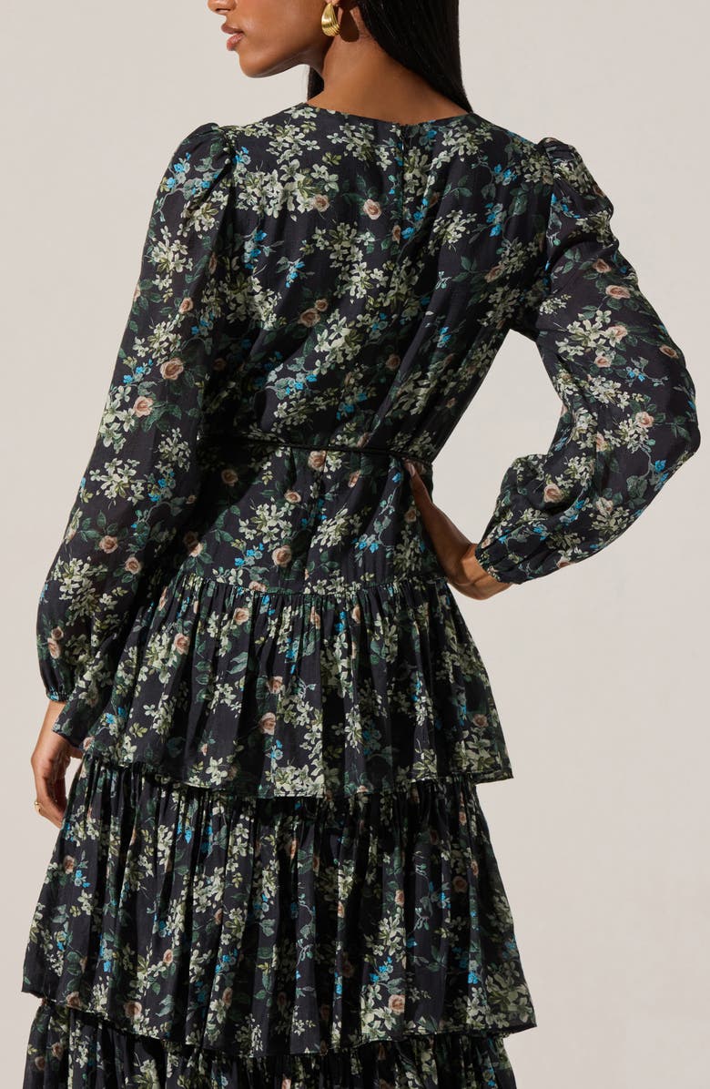 ASTR the Label Franchesca Floral Long Sleeve Tiered Cotton Blend Dress, Alternate, color, Black Green Floral