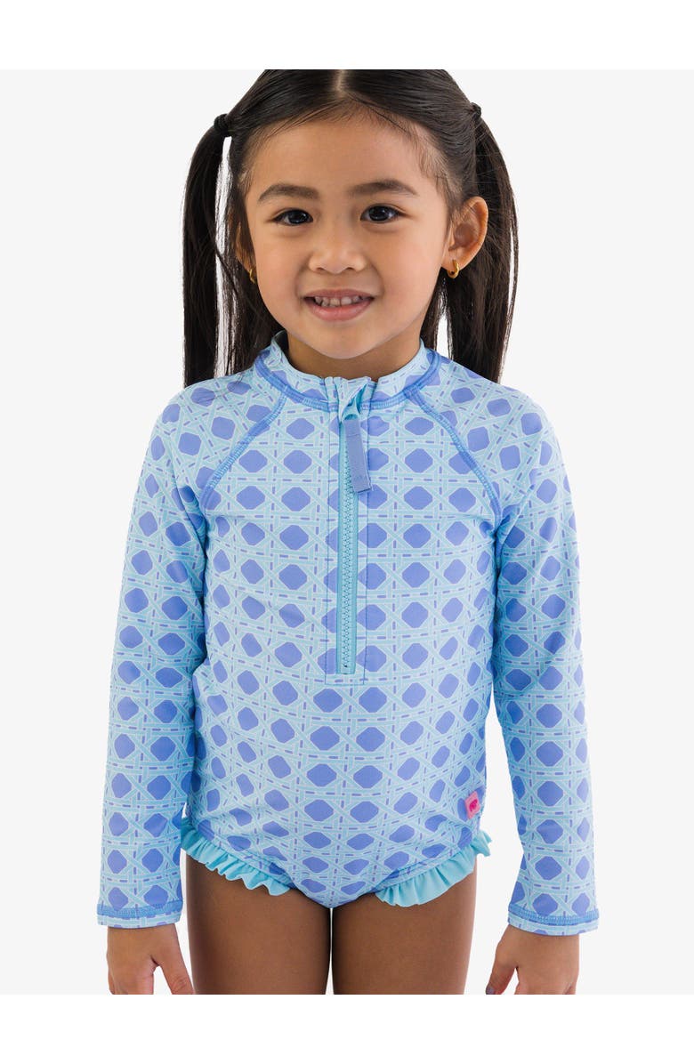 RuffleButts Girls UPF50+ Sun Protection Long Sleeve Rash Guard One Piece, Alternate, color, Periwinkle Blue Coastal Cane