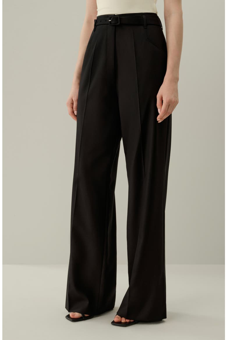 Women's Silk-Wool Blend High-Waisted Wide-Leg Pants, Alternate, color, Black