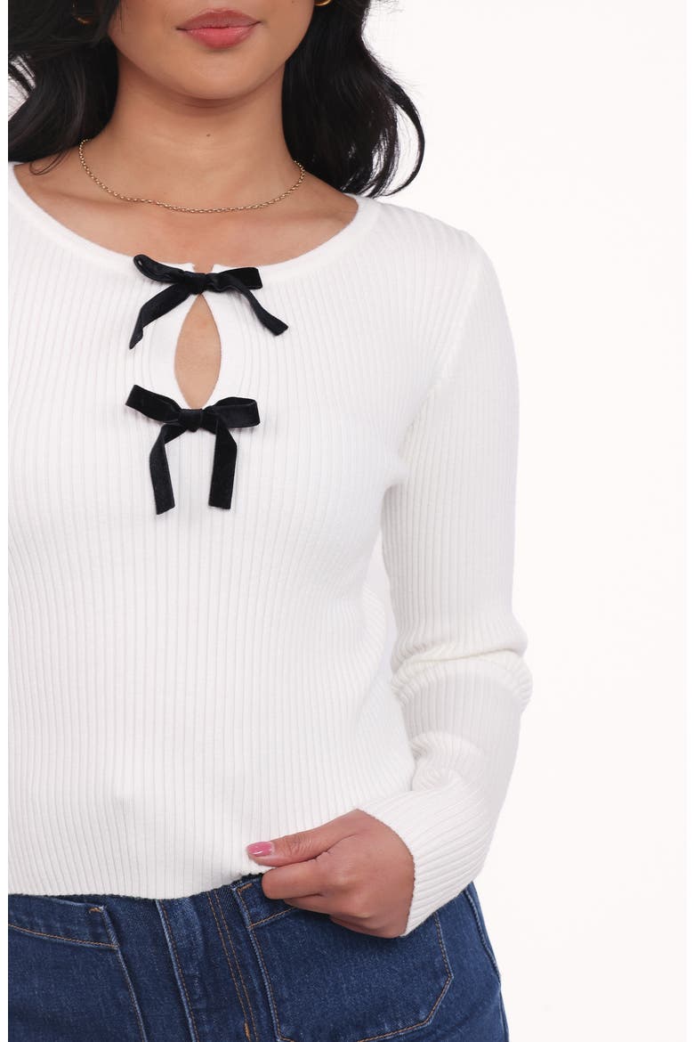 Elba Velvet Bow Rib Top, Alternate, color, WHITE