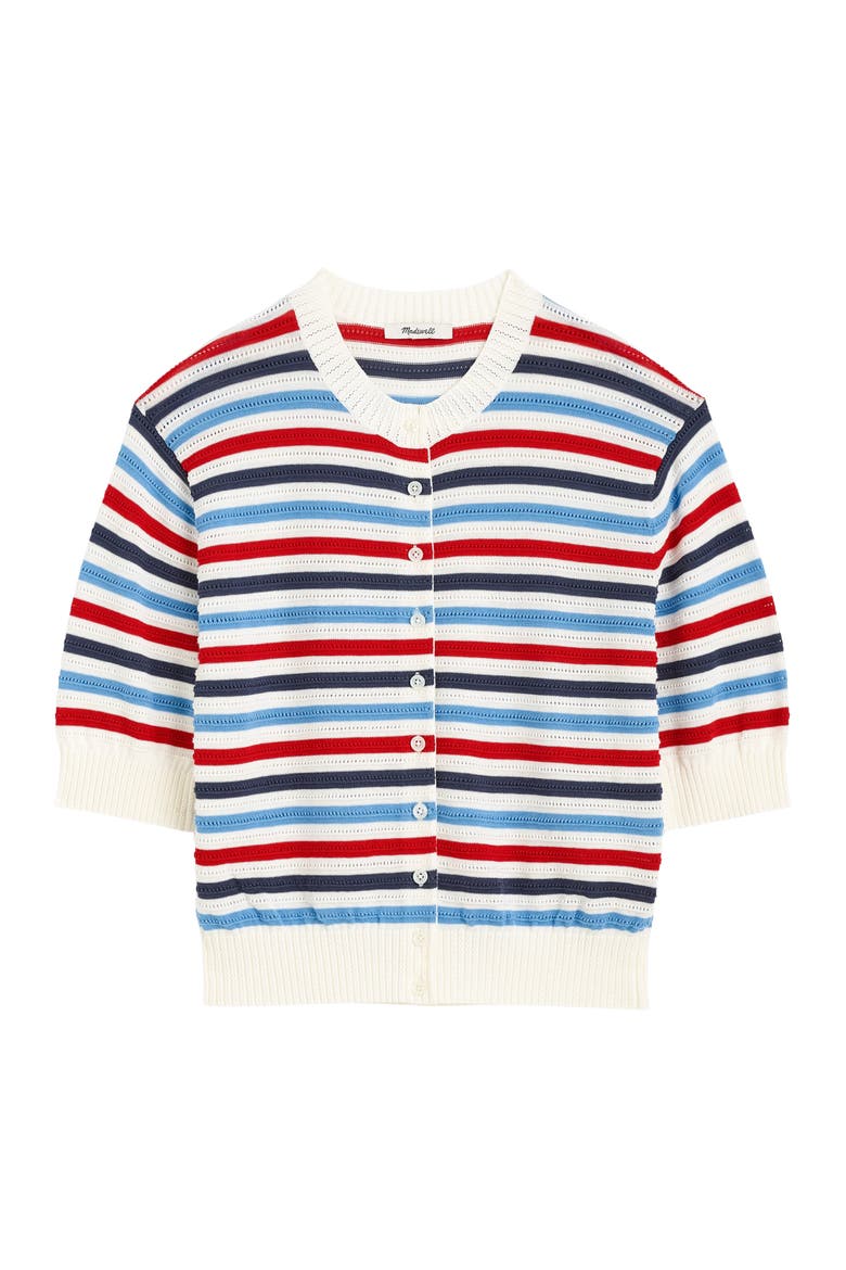 Textured Stripe Short Sleeve Cotton Cardigan, Alternate, color, IVORY POP COLOR MULTI STRIPE