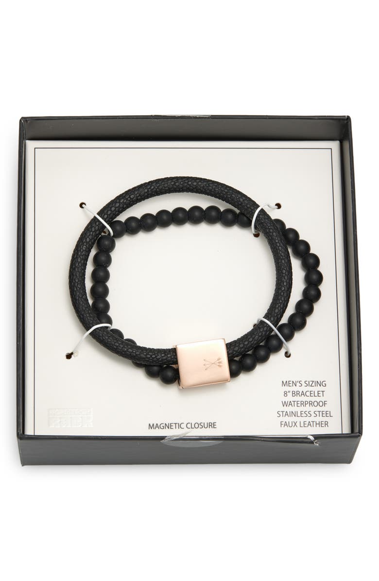 NORDSTROM RACK Men's Faux Leather & Bead Bracelet, Main, color, Black- Stainless