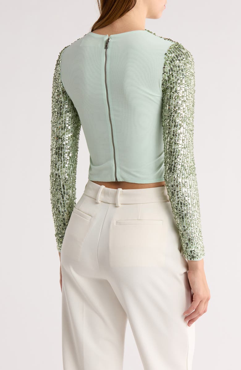 Alice + Olivia Delaina Long Sleeve Sequin Crop Top, Alternate, color, Sea Spray