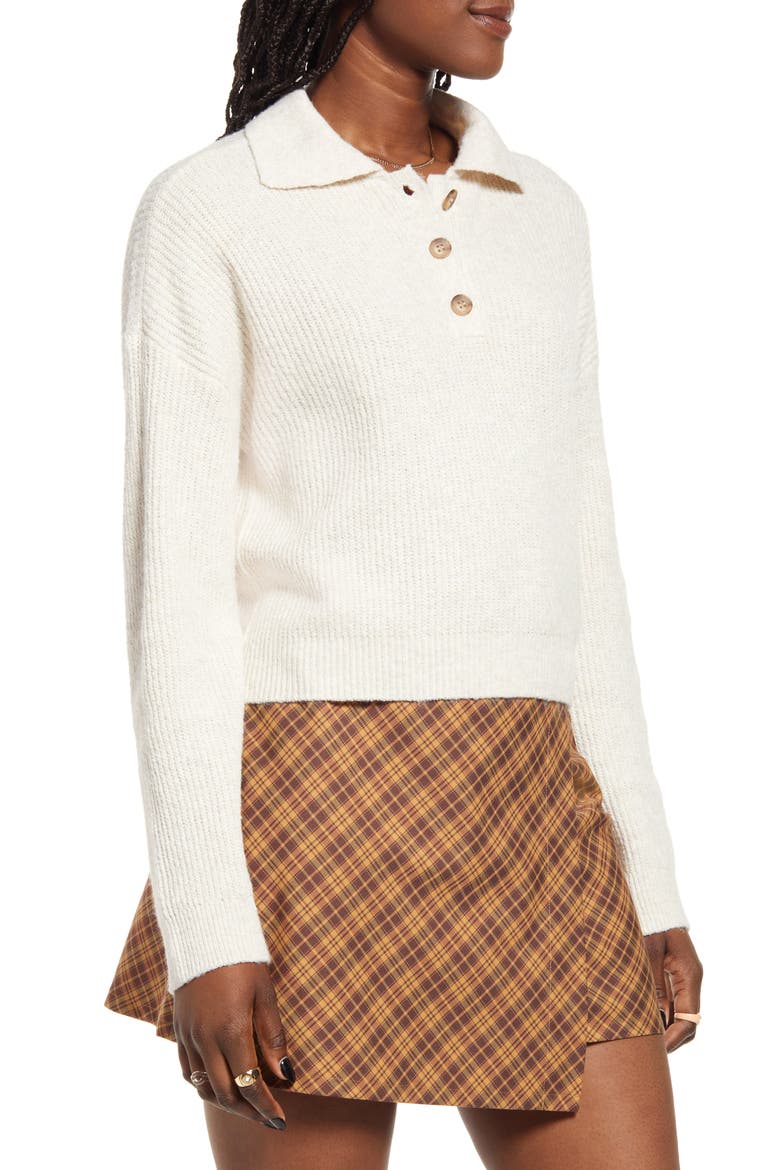 Rib Long Sleeve Polo Sweater, Alternate, color, BEIGE OATMEAL LIGHT HEATHER