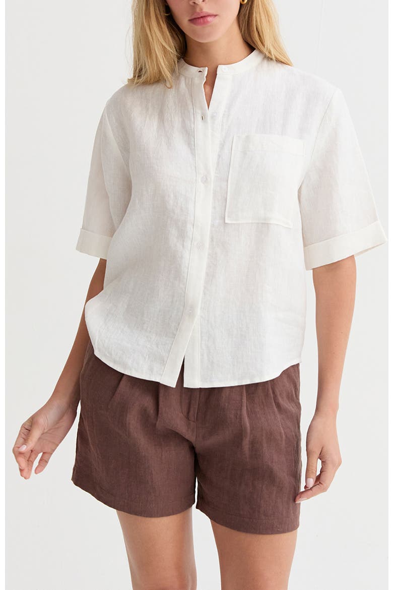 Mandarin Collar Button Up Linen Top, Main, color, White