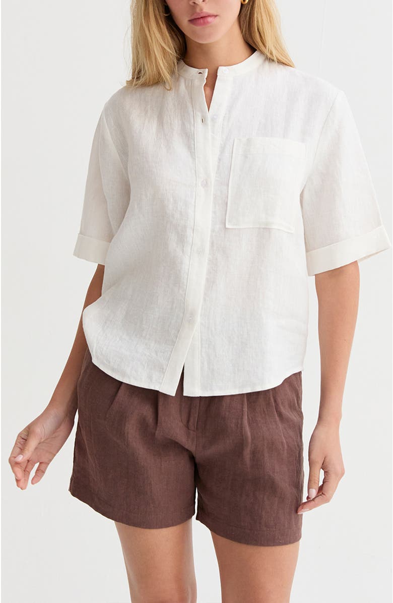 CRESCENT Mandarin Collar Button Up Linen Top, Main, color, White