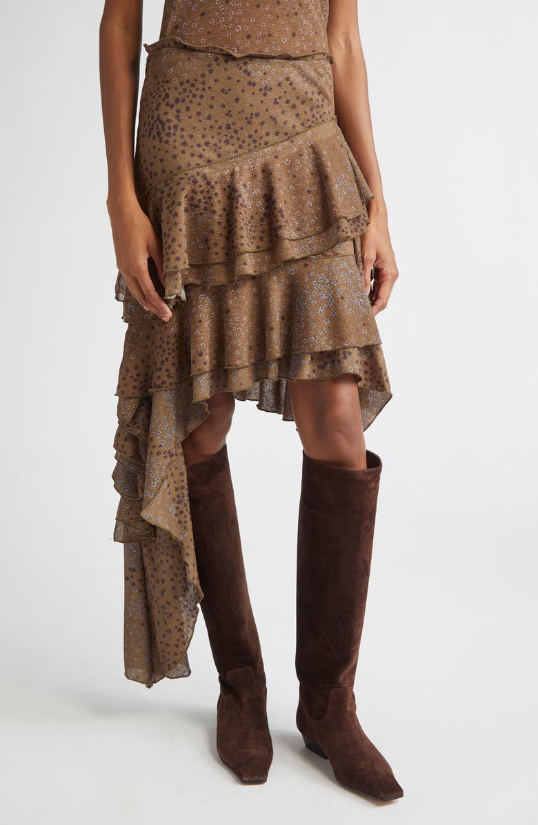 Siedrés Seli Floral Tiered Mesh Skirt, Main, color, Brown Multi