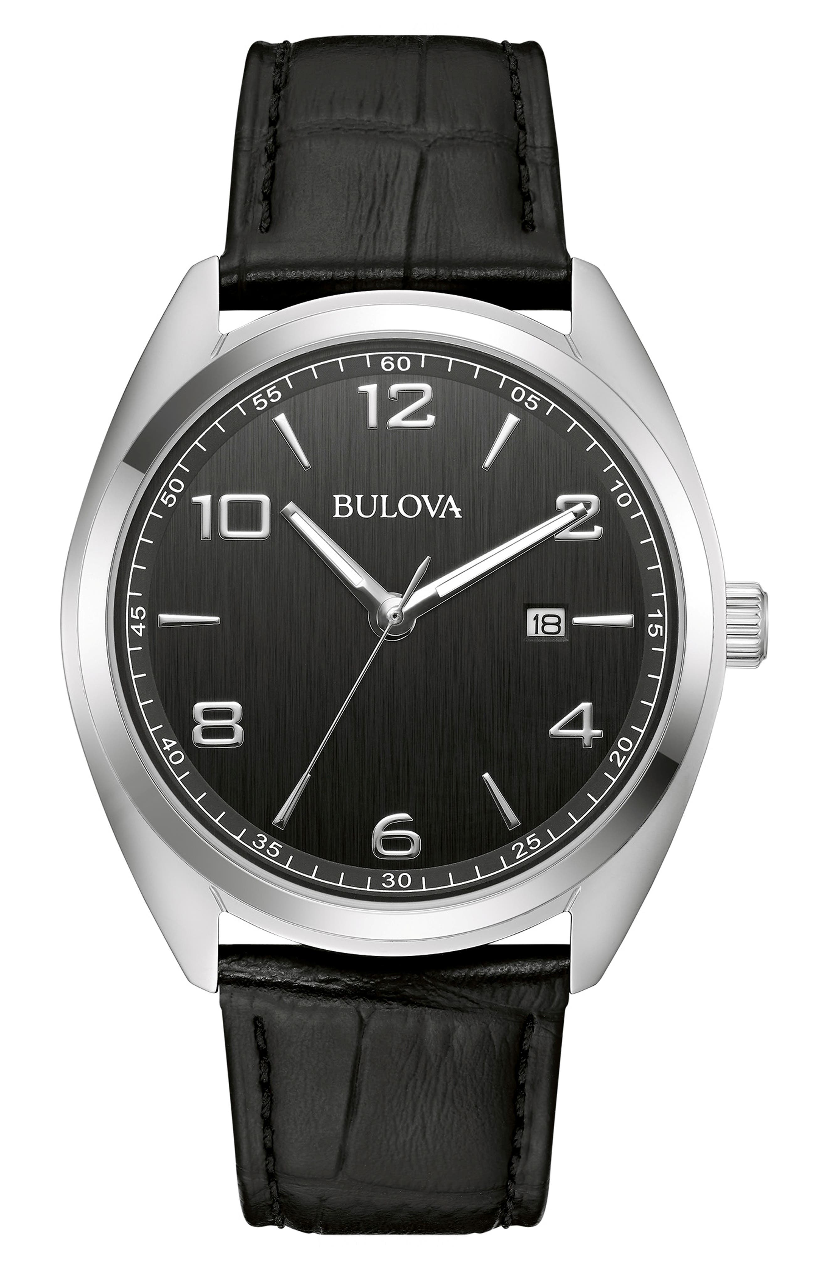 BULOVA Croc Embossed Leather Strap Watch, 42mm