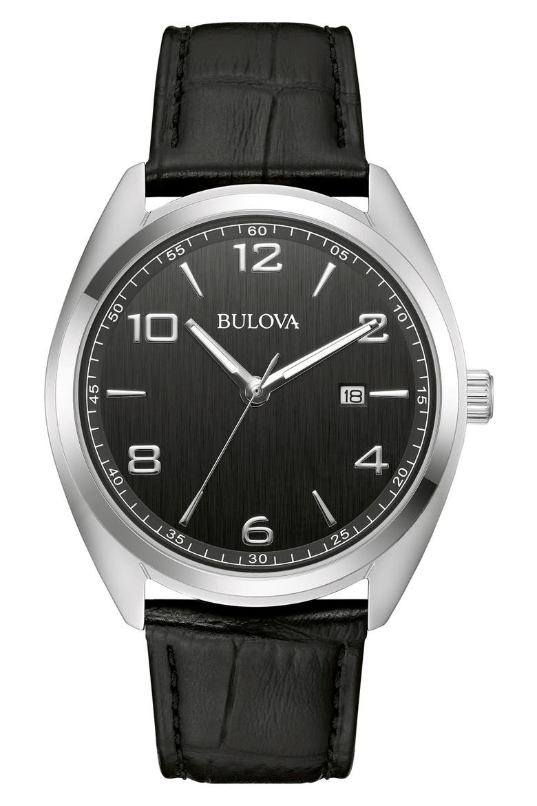 Croc Embossed Leather Strap Watch, 42mm, Main, color, BLACK