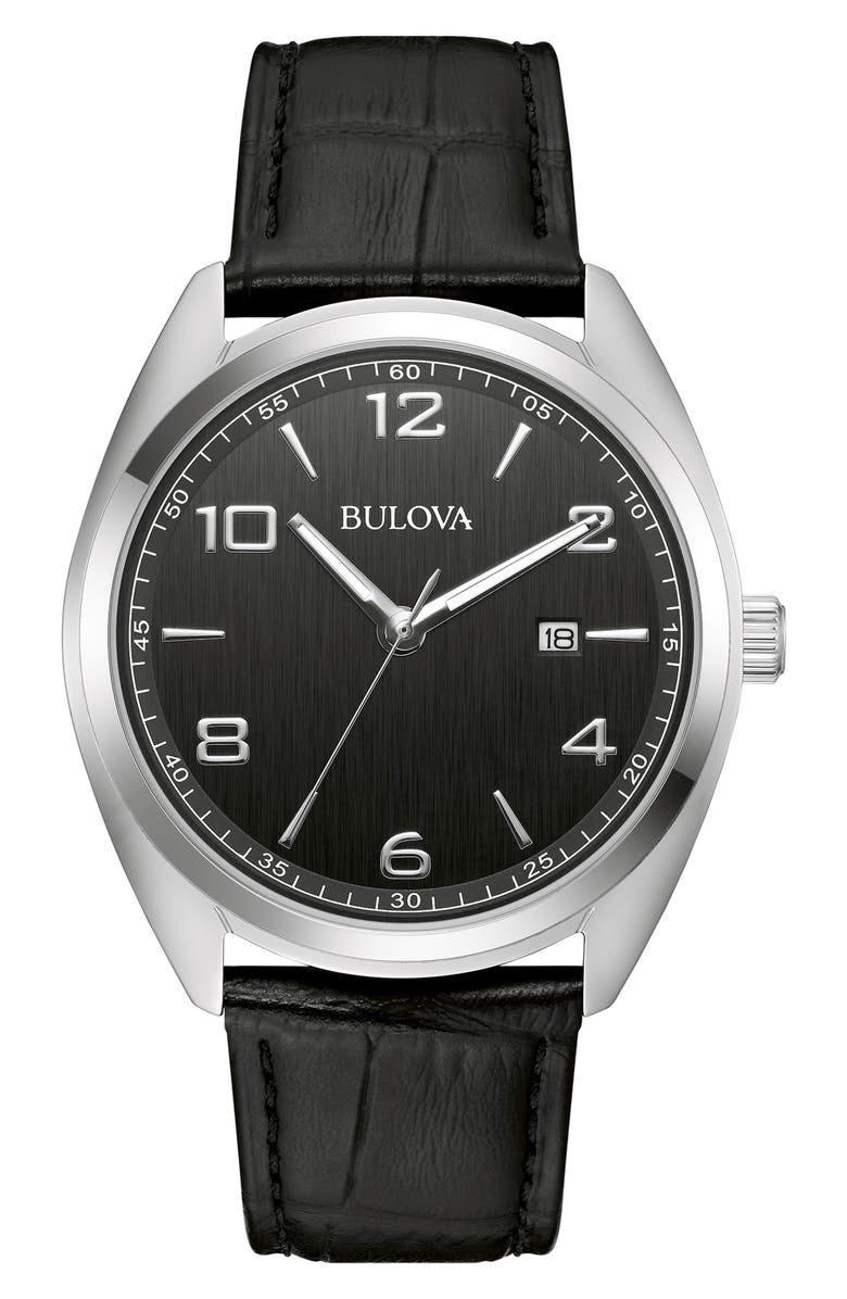 BULOVA Croc Embossed Leather Strap Watch, 42mm, Main, color, Black