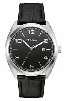 BULOVA Croc Embossed Leather Strap Watch, 42mm