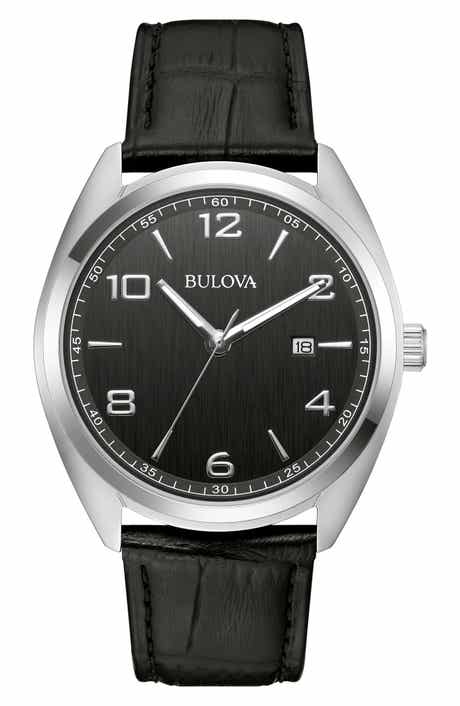 BULOVA Croc Embossed Leather Strap Watch, 42mm