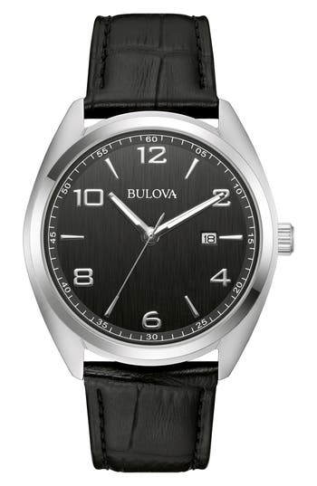 Bulova Croc Embossed Leather Strap Watch, 42mm In Black
