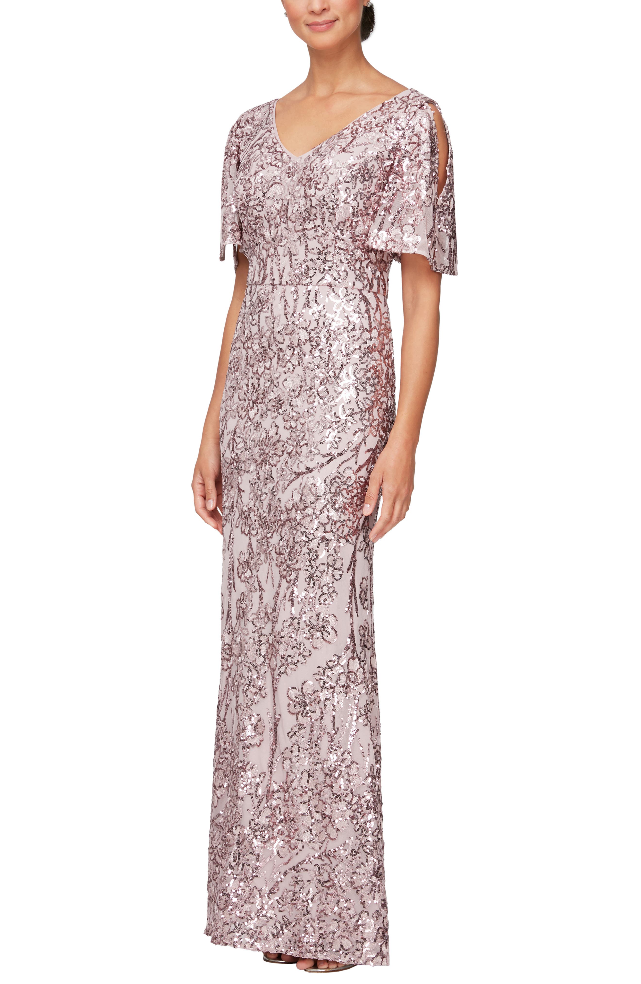 Alex Evenings Sequin Lace Cold Shoulder Trumpet Evening Gown