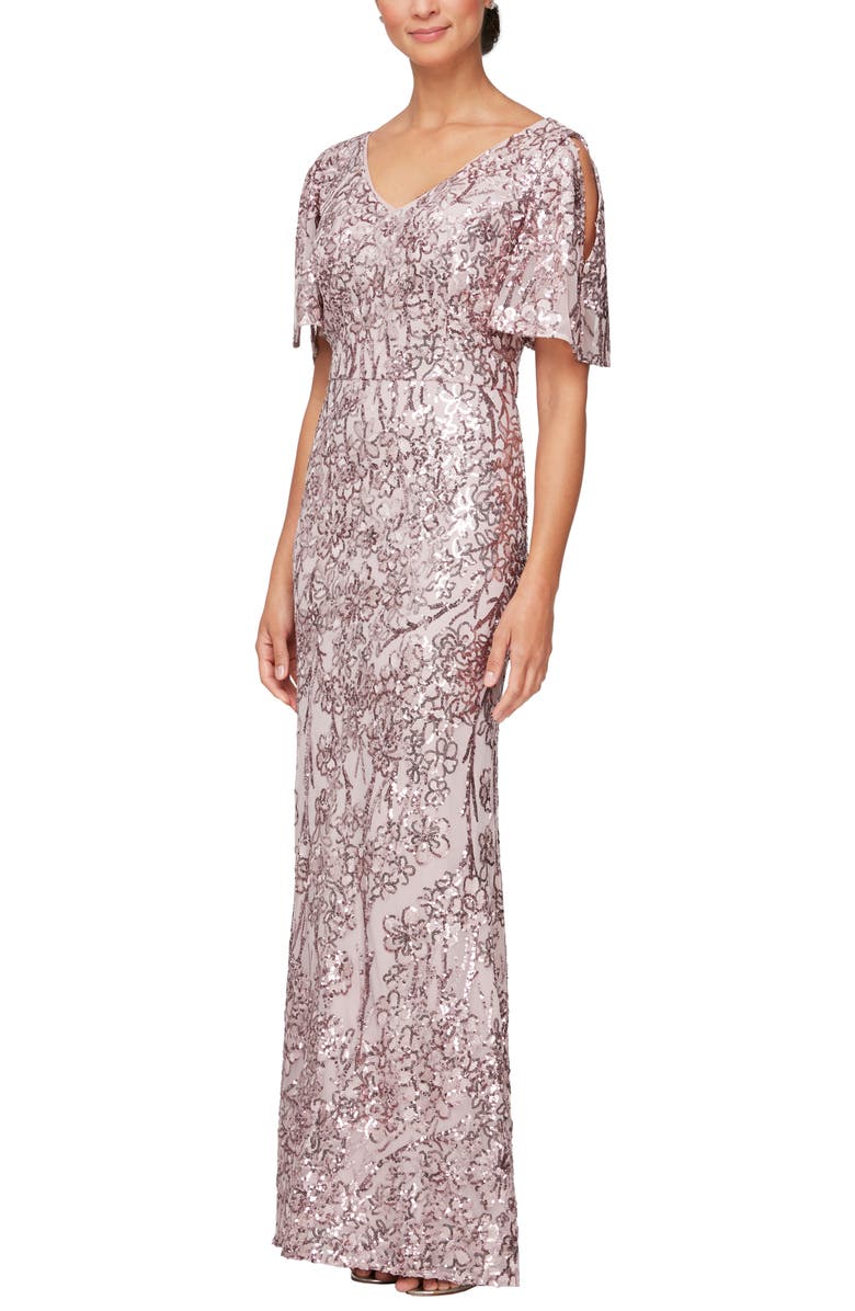 Alex Evenings Sequin Lace Cold Shoulder Trumpet Evening Gown, Main, color, Blush