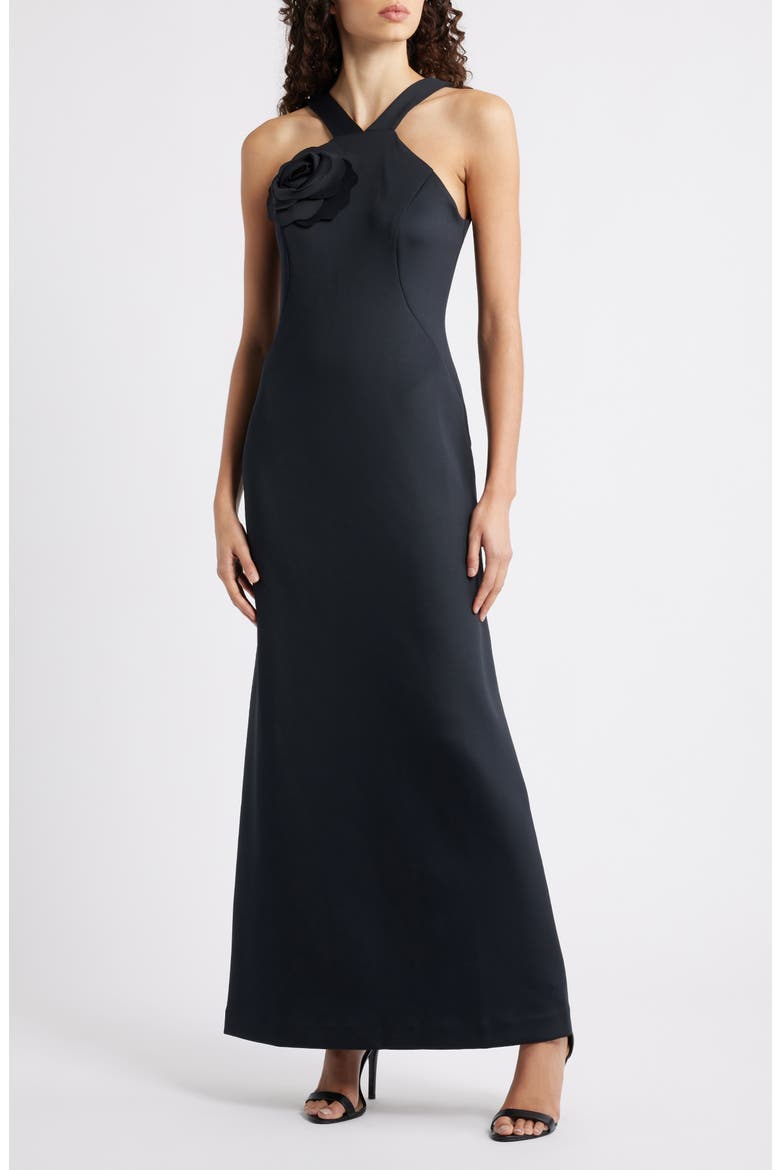 Gianna Rosette Halter Maxi Dress, Main, color, NOIR