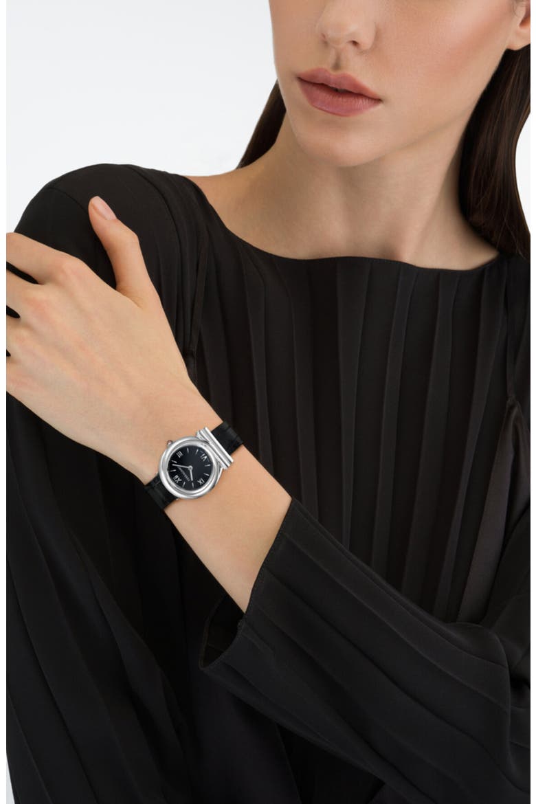 Gancini Twisted Leather Strap Watch, 28mm, Alternate, color, BLACK/ STAINLESS STEEL