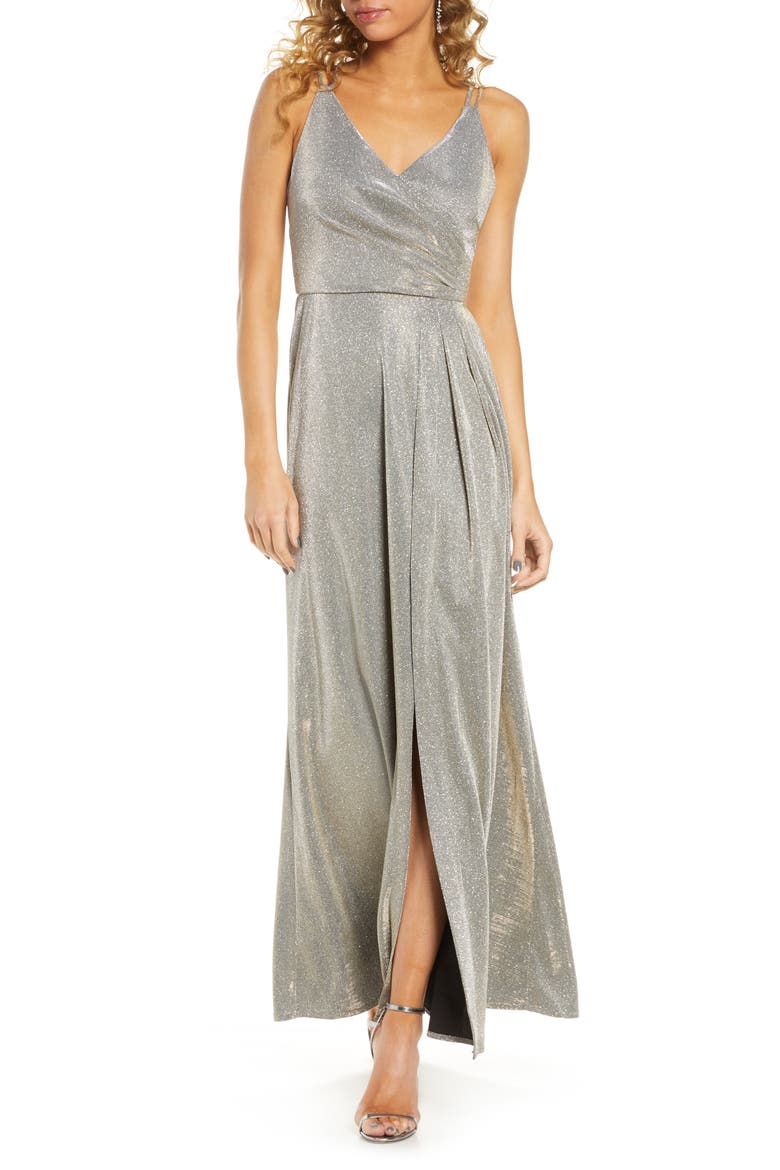 Shimmer Wrap Front Gown, Main, color, GOLD/ SILVER