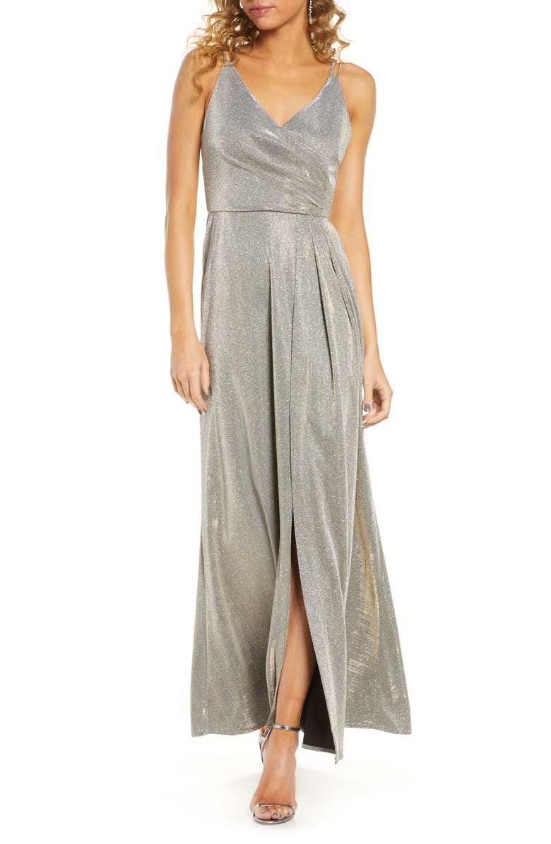 Morgan & Co. Shimmer Wrap Front Gown, Main, color, 