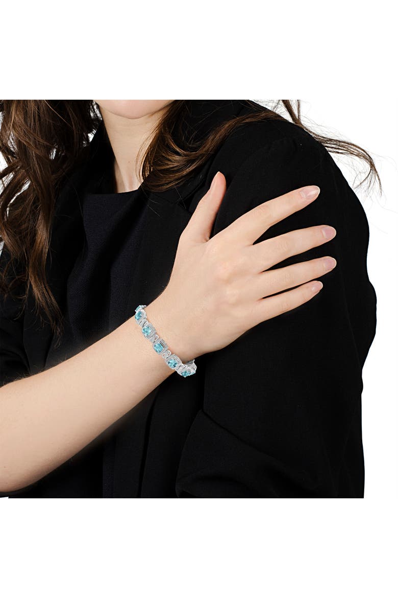 .925 Sterling Silver 7x7 mm Cushion Cut Blue Topaz and 1/10 Ctw Single Cut Diamond Square Shape Tennis Bracelet, Alternate, color, Blue Topaz