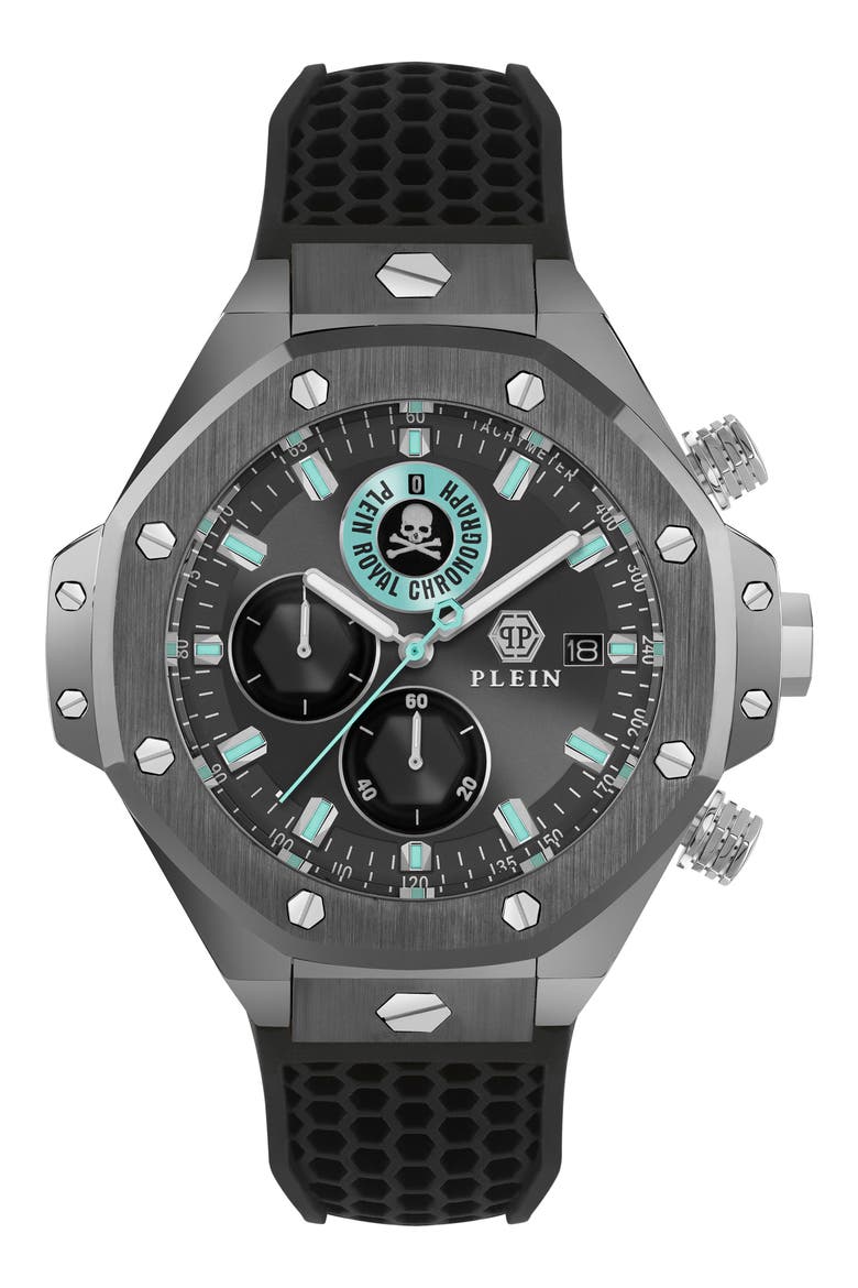 Plein Royal Chronograph Silicone Strap Watch, 46mm, Main, color, GUN01