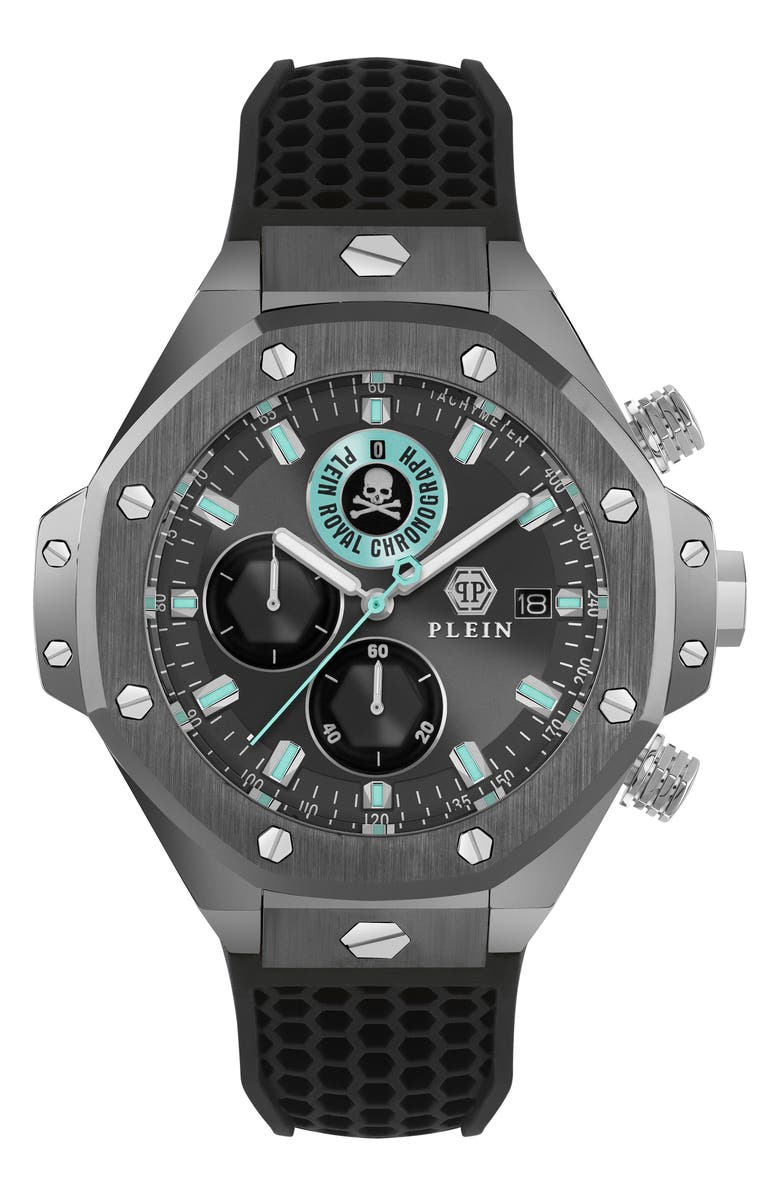 PHILIPP PLEIN Plein Royal Chronograph Silicone Strap Watch, 46mm, Main, color, Ip Gunmetal
