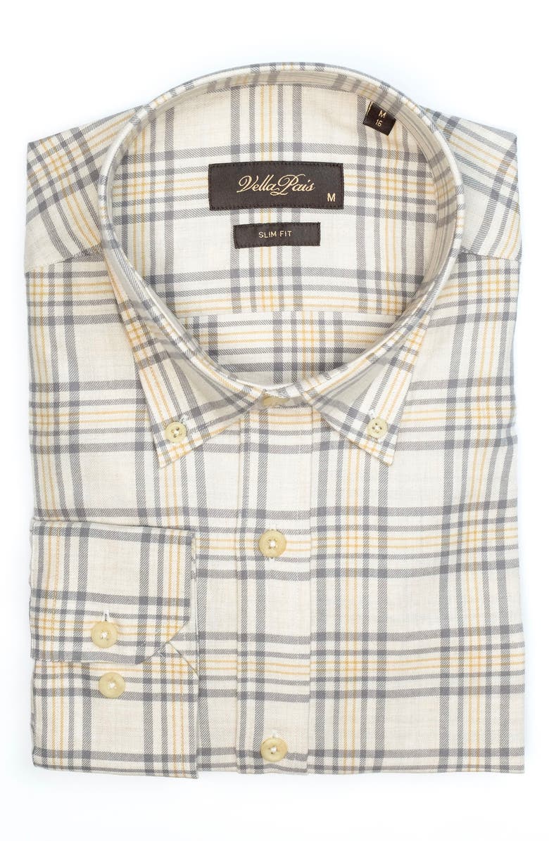 VELLAPAIS Check Cotton Slim Fit Button Down Shirt, Alternate, color, Beige
