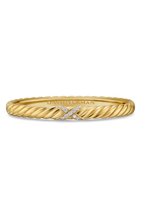 Sculpted Cable X-Center Station Cuff Bracelet in 18K Yellow Gold with Diamonds