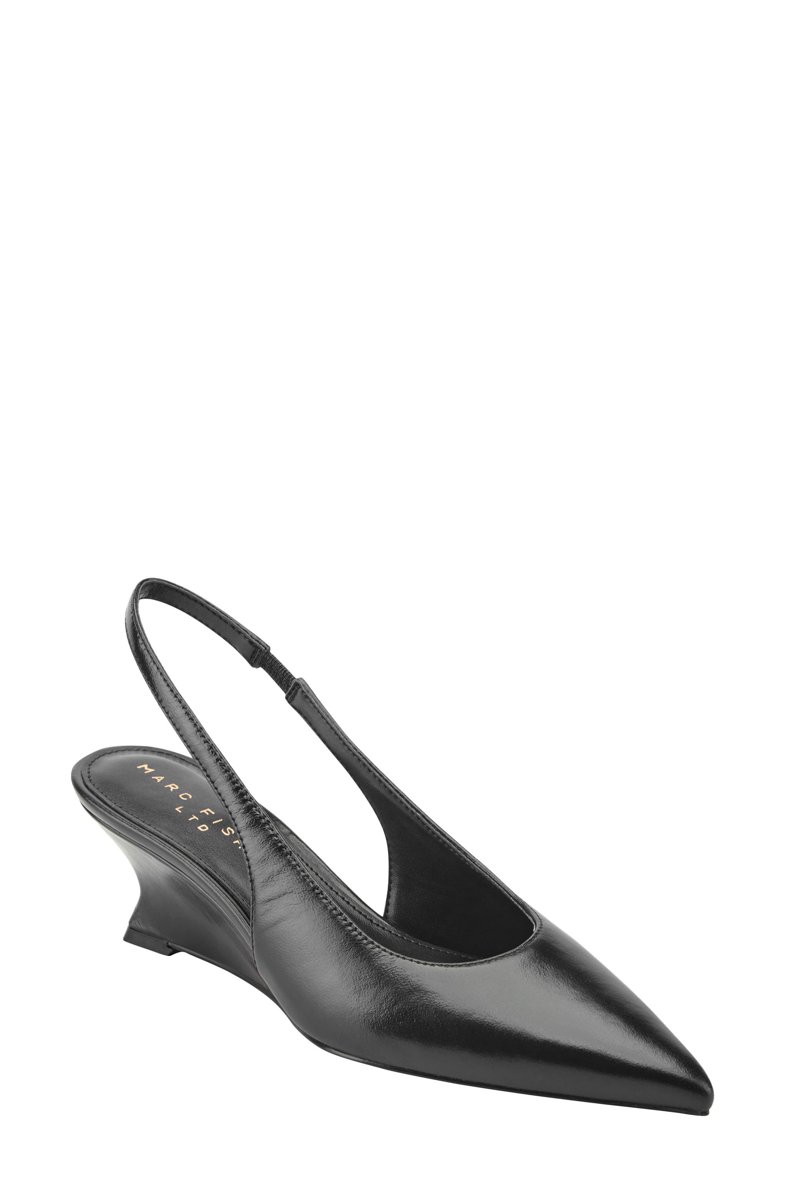 Marc Fisher Taten Slingback Pointed Toe Wedge Pump, Main, color, Black Smooth